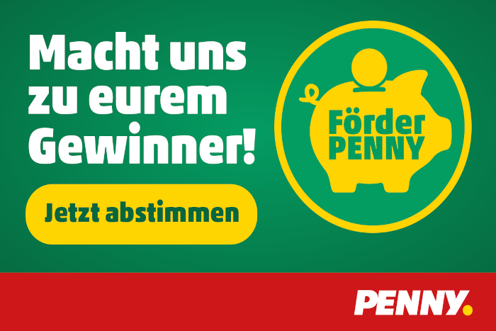 Aufforderung zum Abstimmen auf grünem Hintergrund mit PENNY-Logo